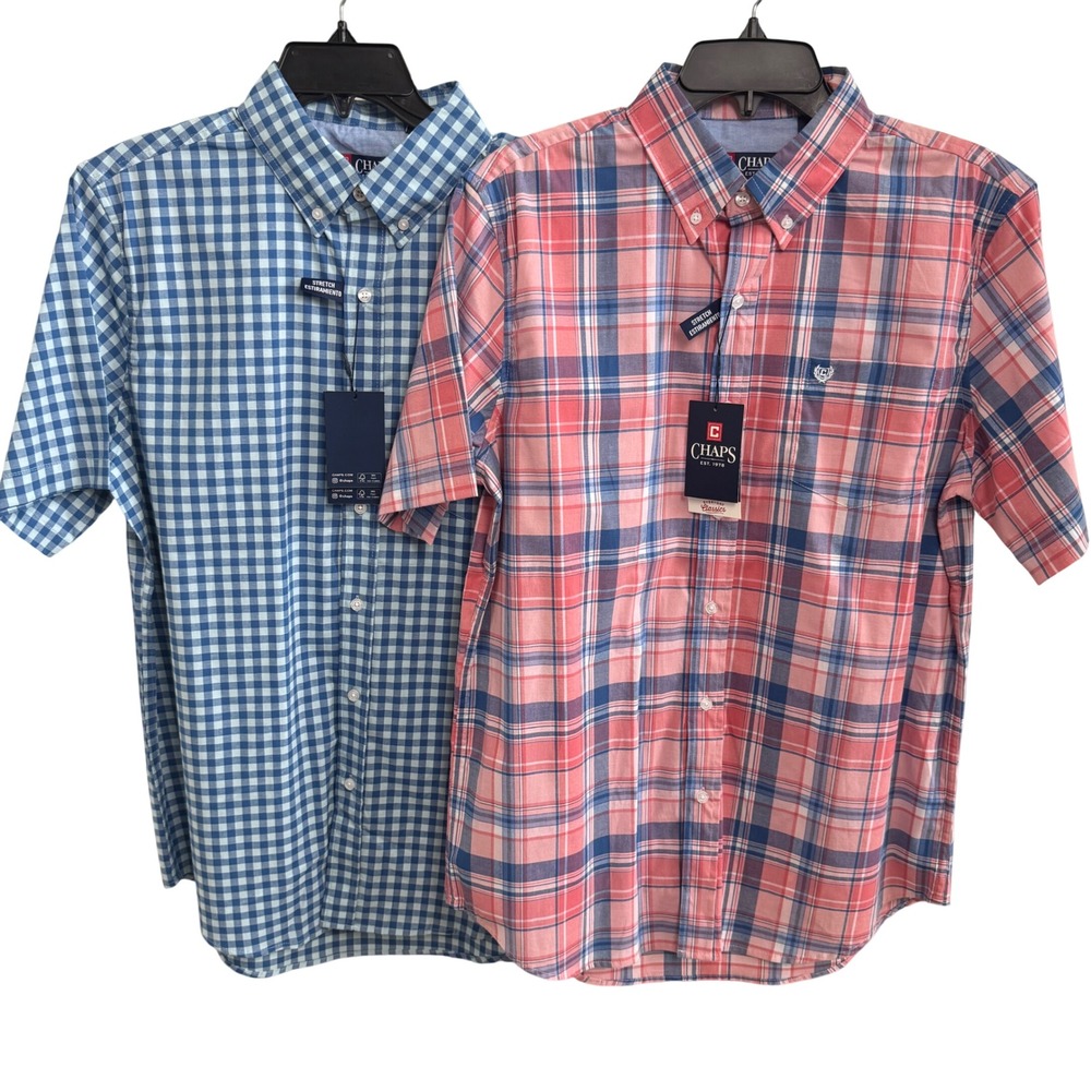 Bundle of 2 Chaps Mens Short Sleeve Button Down Shirt Plaid NWT Size M